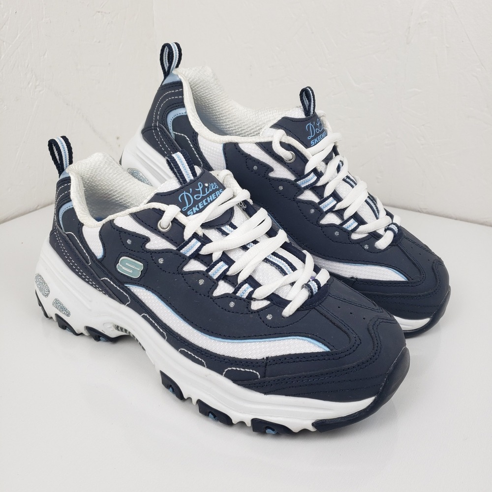 Skechers Womens 7.5 Extra Wide D'Lites Me Time Navy Blue White Sneakers 11930EW